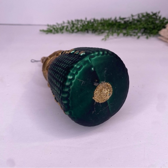 Vintage Czech Republic Hand Blown Glass Ornament Green Gold & Glittery - Picture 9 of 10